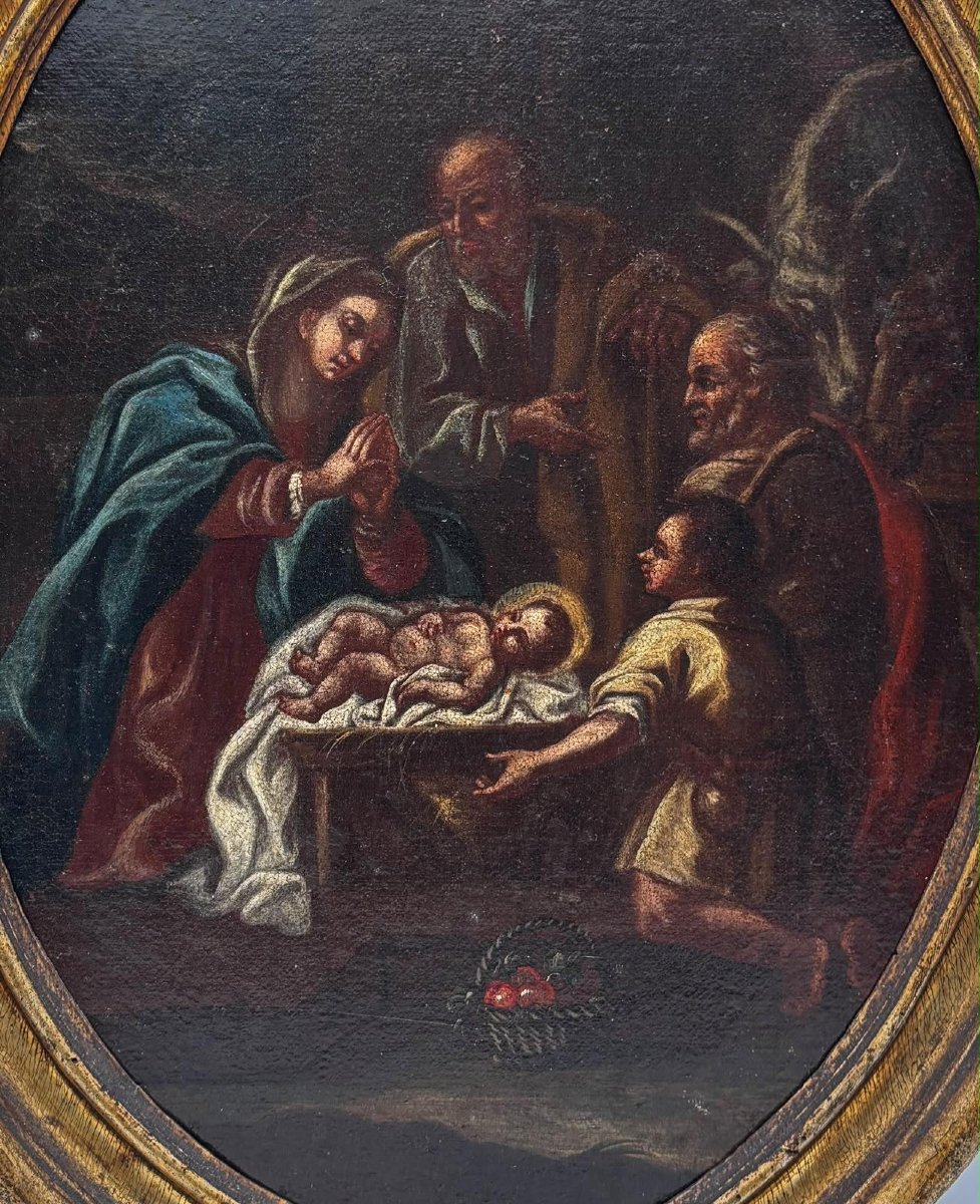 Adoration of the Infant Jesus – Oval painting, Italian school, 18th century-photo-2