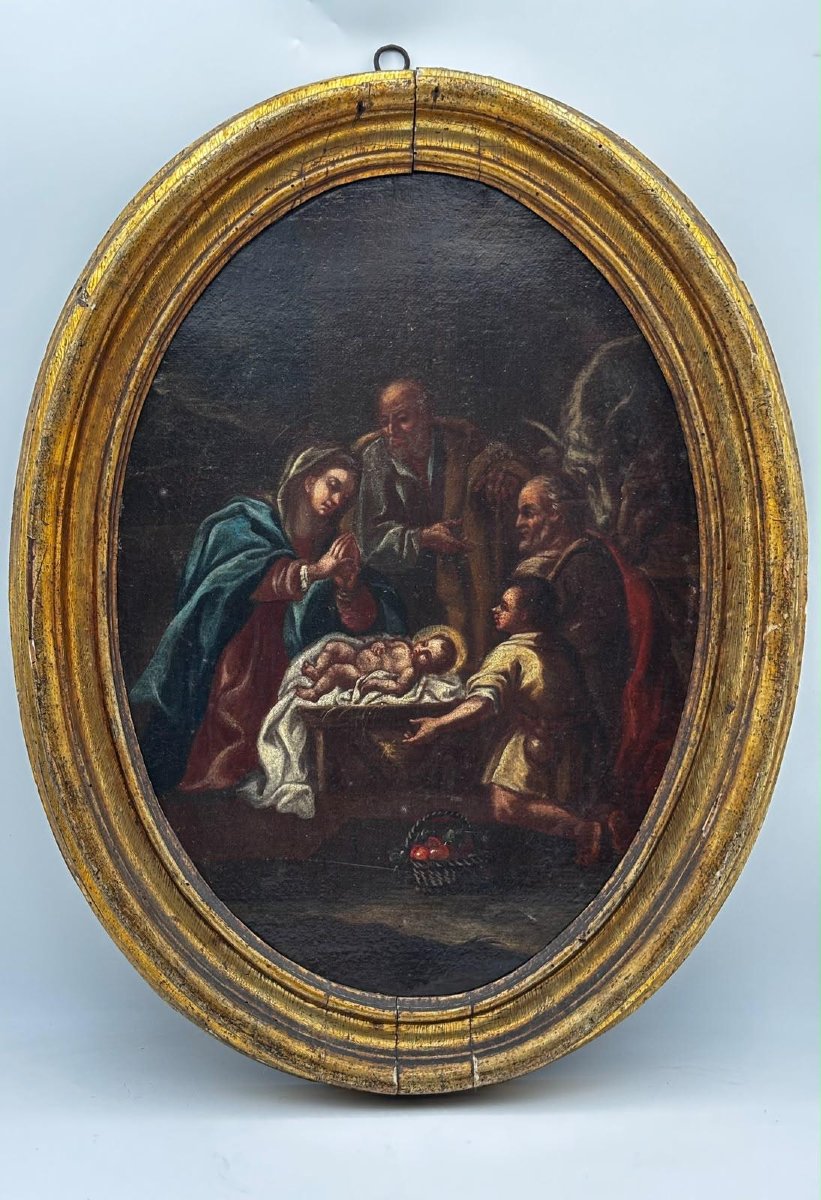 Adoration of the Infant Jesus – Oval painting, Italian school, 18th century