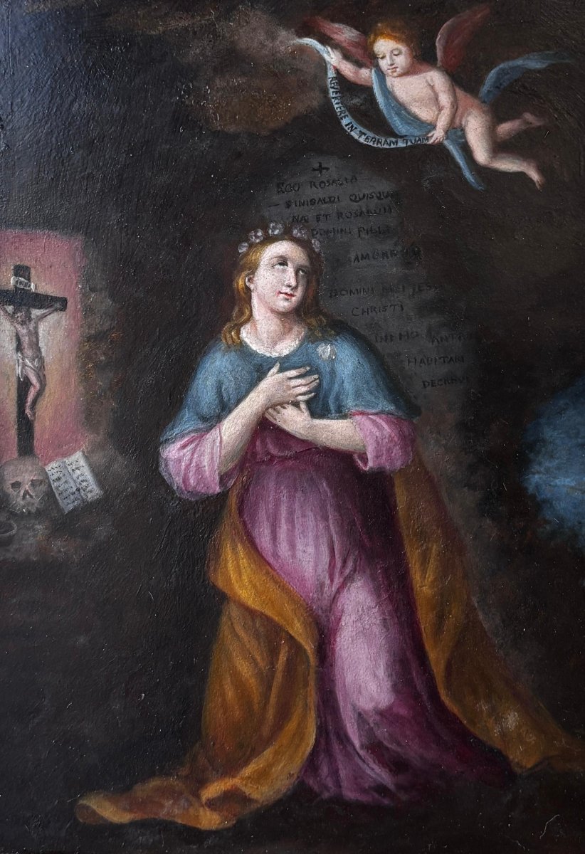 Sainte Rosalie ermite – Ancienne peinture sicilienne à l’huile sur métal – XVIIIe/XIXe siècle-photo-3