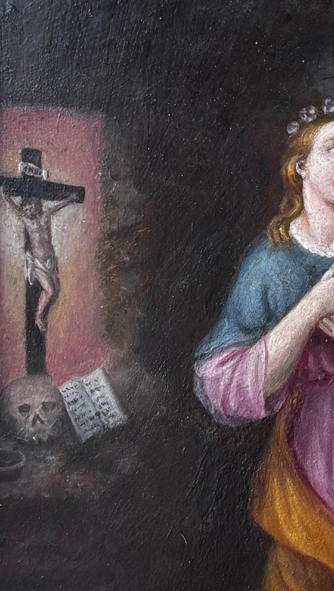 Sainte Rosalie ermite – Ancienne peinture sicilienne à l’huile sur métal – XVIIIe/XIXe siècle-photo-1