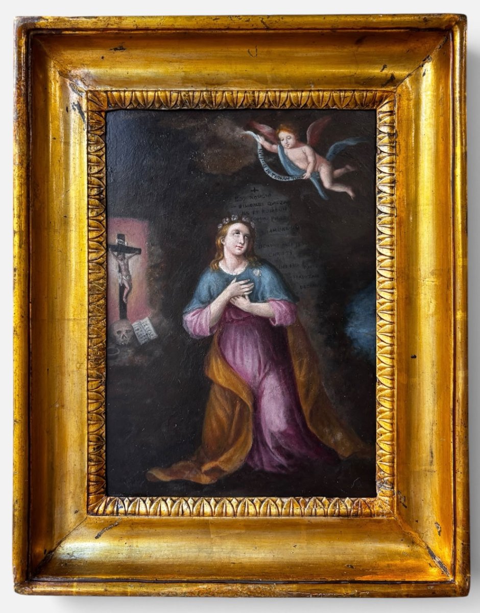 Sainte Rosalie ermite – Ancienne peinture sicilienne à l’huile sur métal – XVIIIe/XIXe siècle