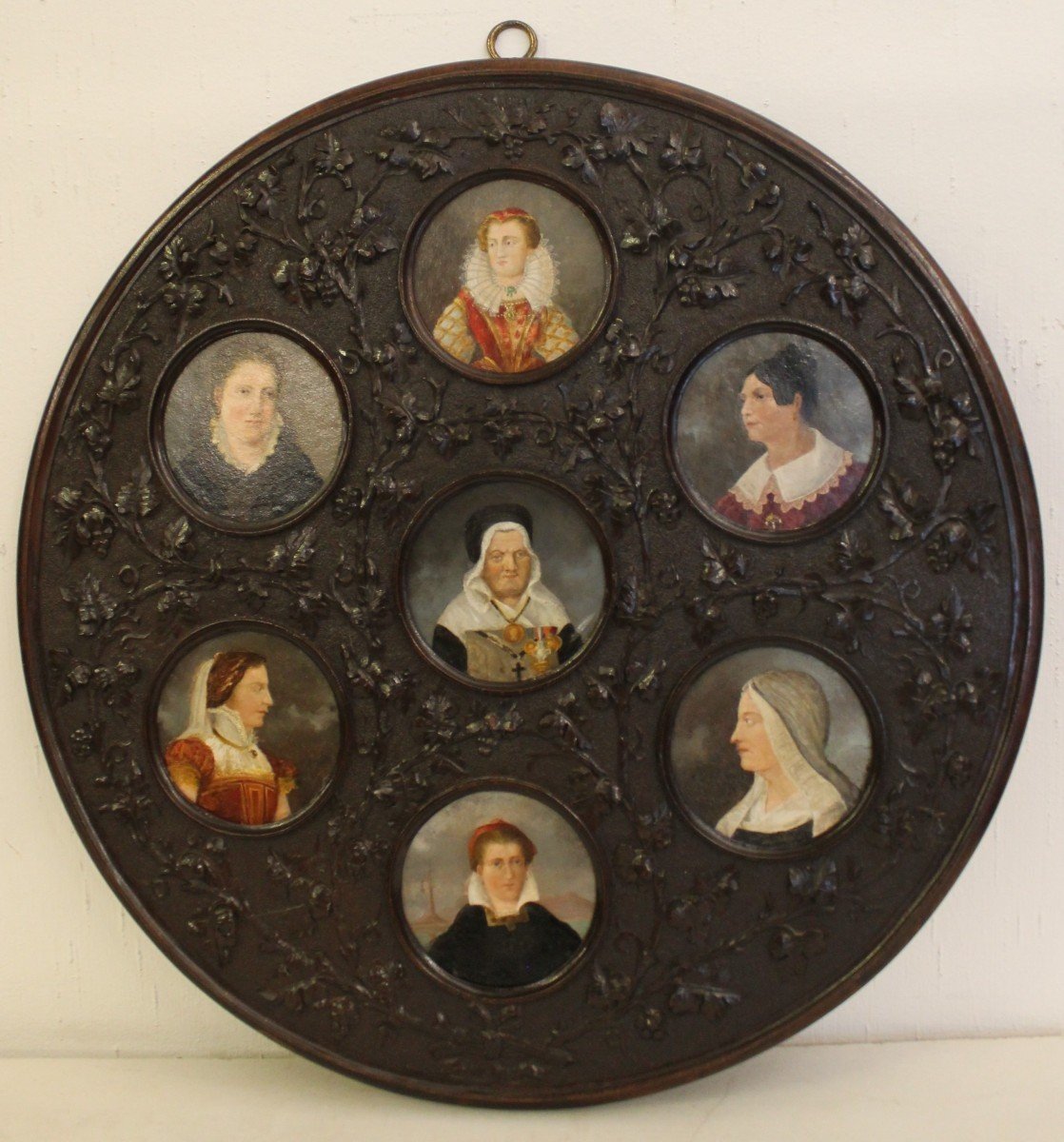 7  Oil Portraits On Wood, Depicting Nobles, 19th Century.