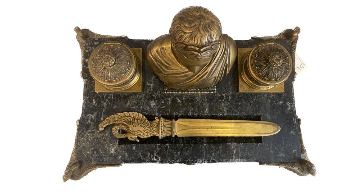 Inkwell Made Of Gilded Bronze And Marble.-photo-2