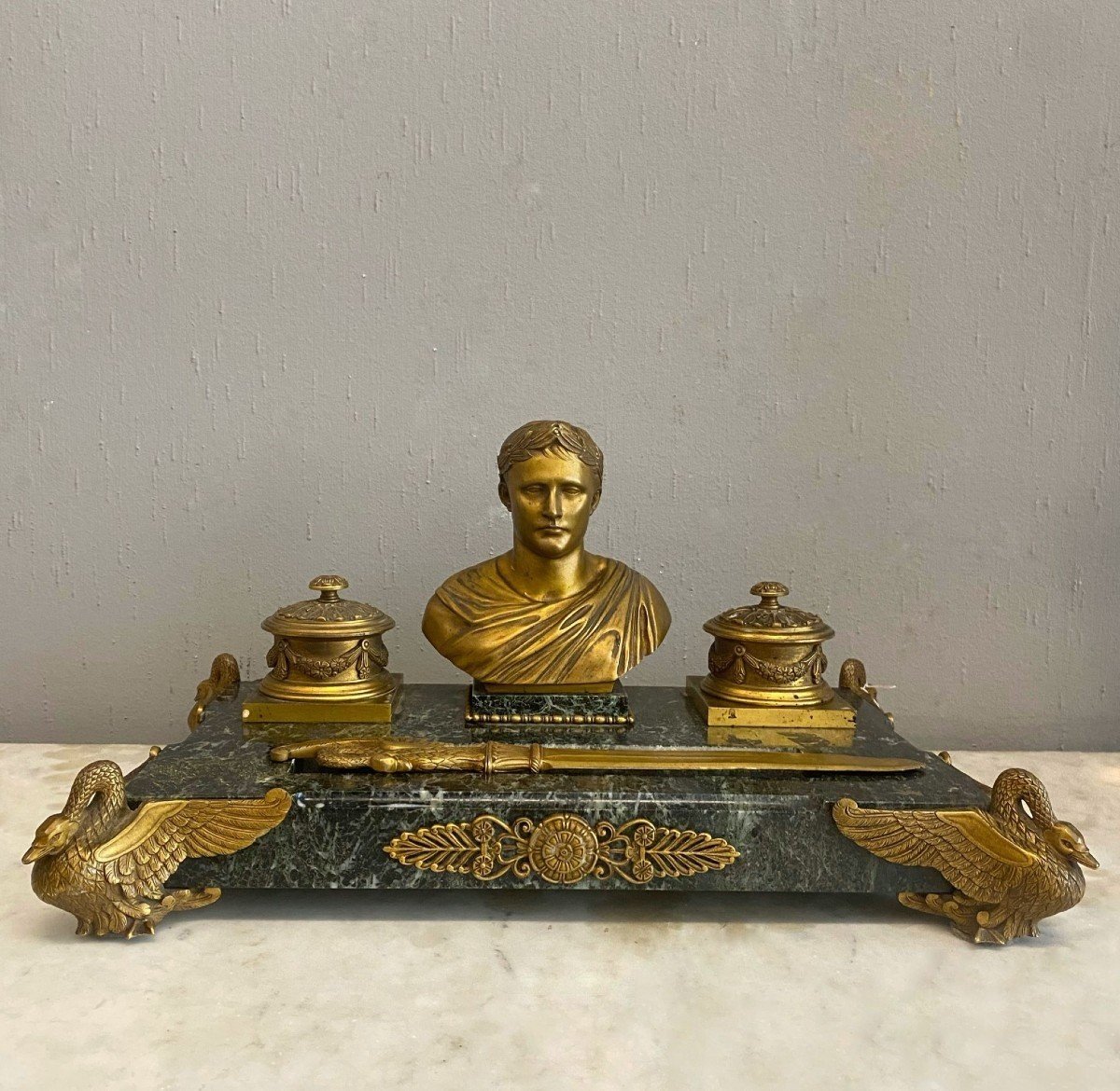 Inkwell Made Of Gilded Bronze And Marble.