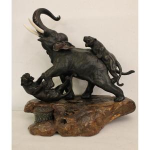 Sculptural Group Elephant And Okimono Tigers