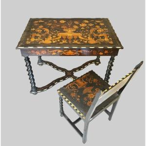 Center Desk Table With Chair, Louis XIV France Style, Nineteenth Century Inlays In Various Woods, Ivories.