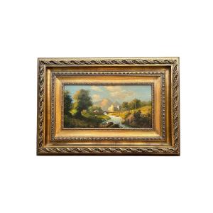 Paysage fluvial, huile sur panneau, XXe siècle.