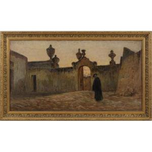 Huile sur toile représentant la vue de la Villa Valguarnera à Bagheria 
