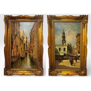 Pair Of Oil Paintings On Panel With Italian And Venetian Urban Views 