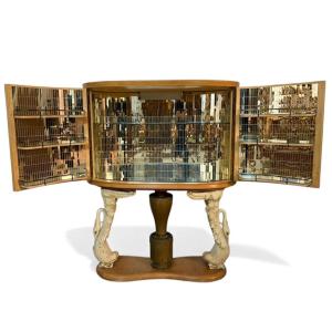 Italian Art Deco Bar Cabinet With Sculpted Swans And Gilt Bronze Column, Ca. 1940