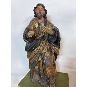 Polychrome And Gilded Wooden Sculpture – Saint Luke The Evangelist