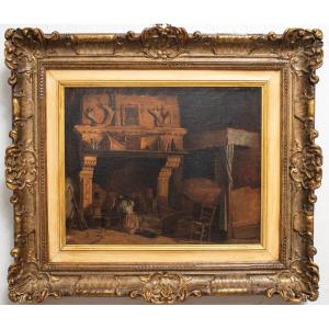 Rustic Interior With A Large Fireplace – Lambertus Johannes Hansen (1803-1859)