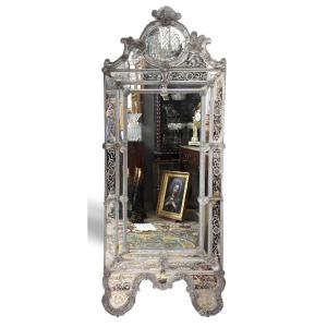 Grand miroir vénitien en verre de Murano gravé – début du XXe siècle