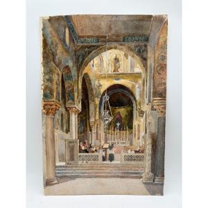 Michele Cortigiani – Intérieur de la Chapelle Palatine de Palerme – Aquarelle