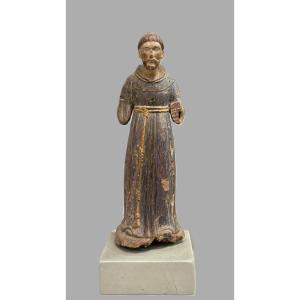 Polychrome Wooden Sculpture Depicting A Religious Figure.