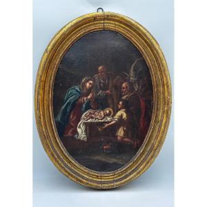 Adoration of the Infant Jesus – Oval painting, Italian school, 18th century
