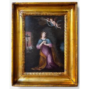 Sainte Rosalie ermite – Ancienne peinture sicilienne à l’huile sur métal – XVIIIe/XIXe siècle