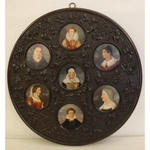 7 Oil Portraits On Wood, Depicting Nobles, 19th Century.