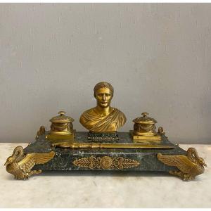 Inkwell Made Of Gilded Bronze And Marble.