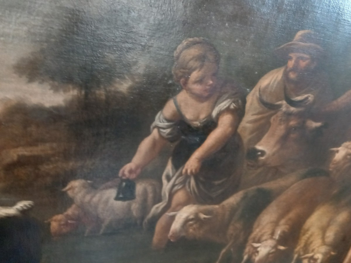 Oil On Canvas - Country Scene With Figures And Animals, 18th Century - Lombardy-photo-2
