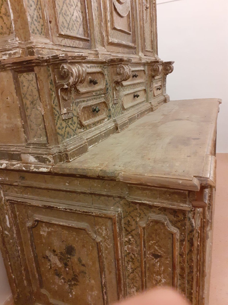 Notarial Cabinet (or Sacristy) In Lacquer With Floral Decorations.  No Religious References.  Period '600, Palermo  Dimensions Cm 322 H  Base 115 X 110 Cm  Raised 45 X 45 Cm; 162 X 45 Cm-photo-4