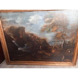 Oil Painting On Canvas - Landscape With Figures, 18th Century  Period, Liguria