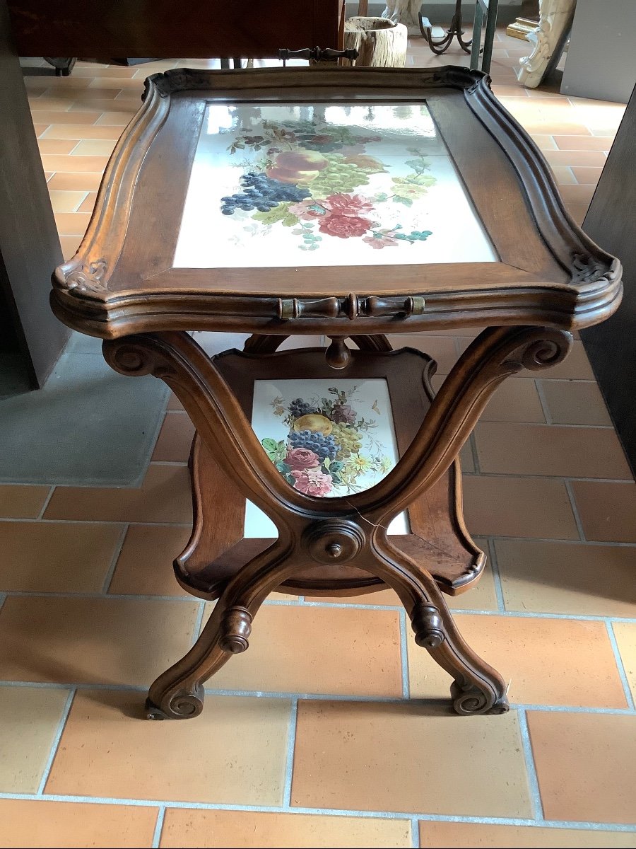 Wooden Coffee Table With Ep Painted Ceramic Tops From The Late 19 Th Century-photo-4