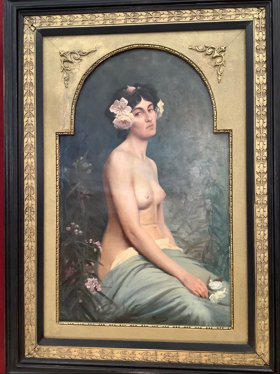 Huile Sur Toile Jeune Femme Aux Fleurs Ep Fin 19e’me Siecle France Signe’e-photo-2