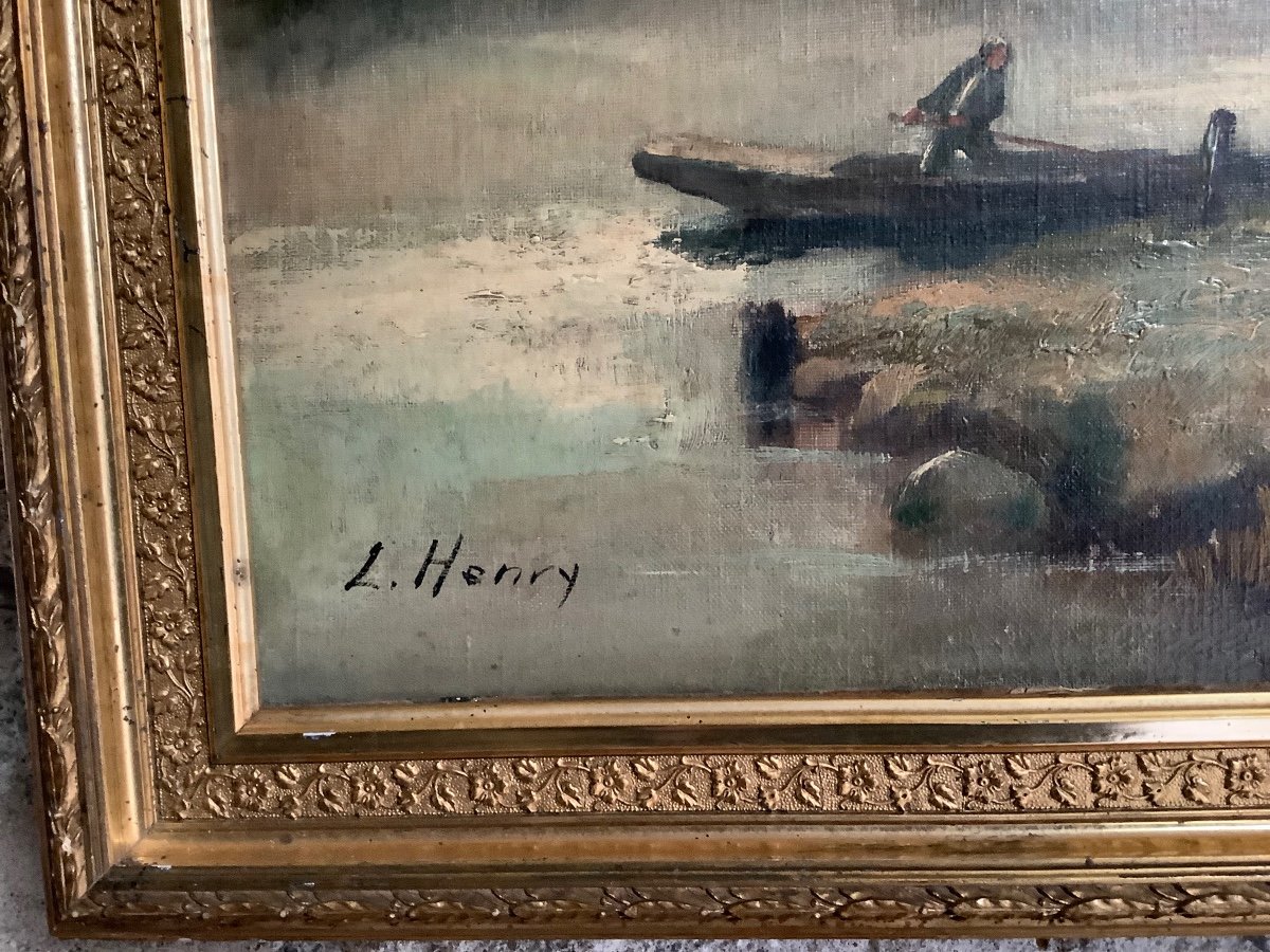 Huile Sur Toile Paysage Avec Bateau Et Personages France Ep 800 Signe’e-photo-2