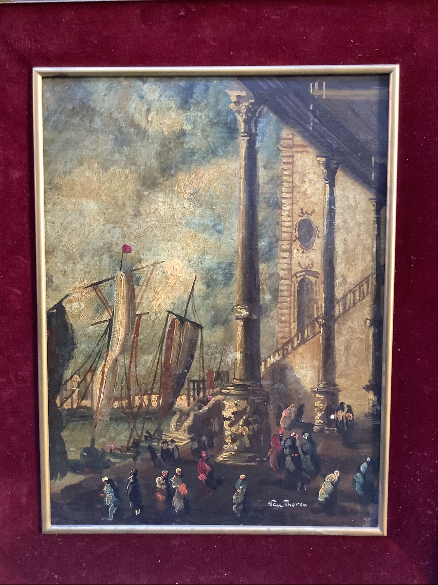 Pair Of Views Of Venice,oil On Metal Signed Ep 800-photo-2