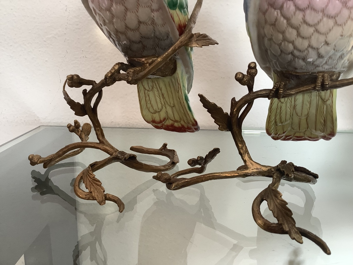 Paire de perroquets en porcelaine sur supporter en  bronze XIXe siecle-photo-4
