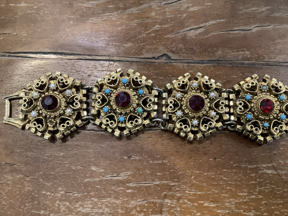 Golf - Platea Metal Bracelet With Turquoise Crostale And Pearls Signed Dorene Ep 900-photo-2