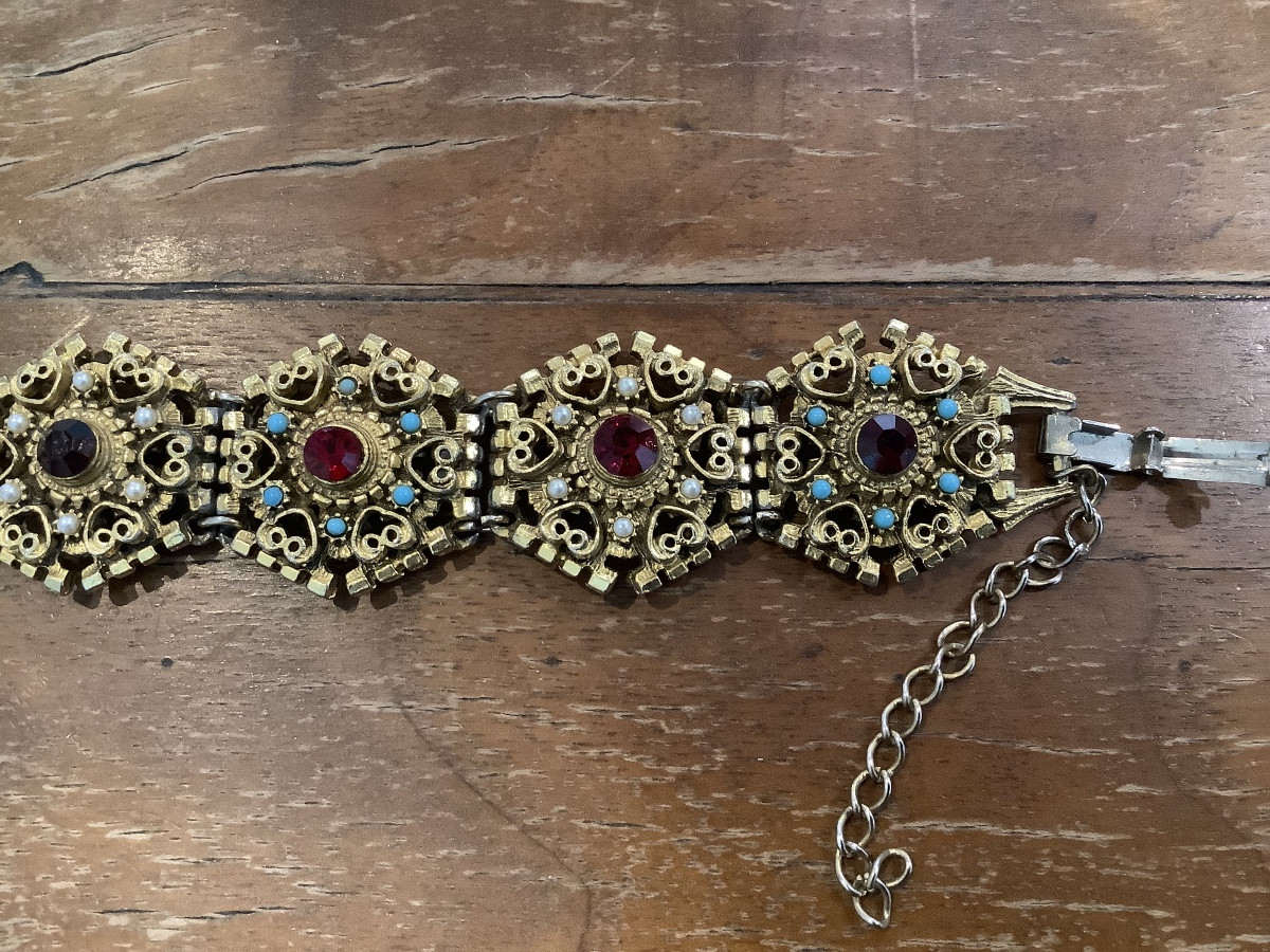 Golf - Platea Metal Bracelet With Turquoise Crostale And Pearls Signed Dorene Ep 900-photo-3