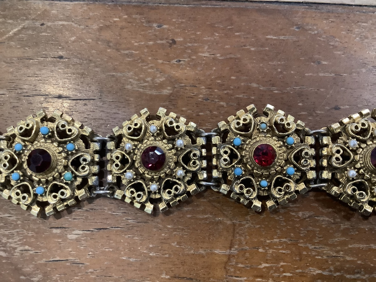 Golf - Platea Metal Bracelet With Turquoise Crostale And Pearls Signed Dorene Ep 900-photo-1
