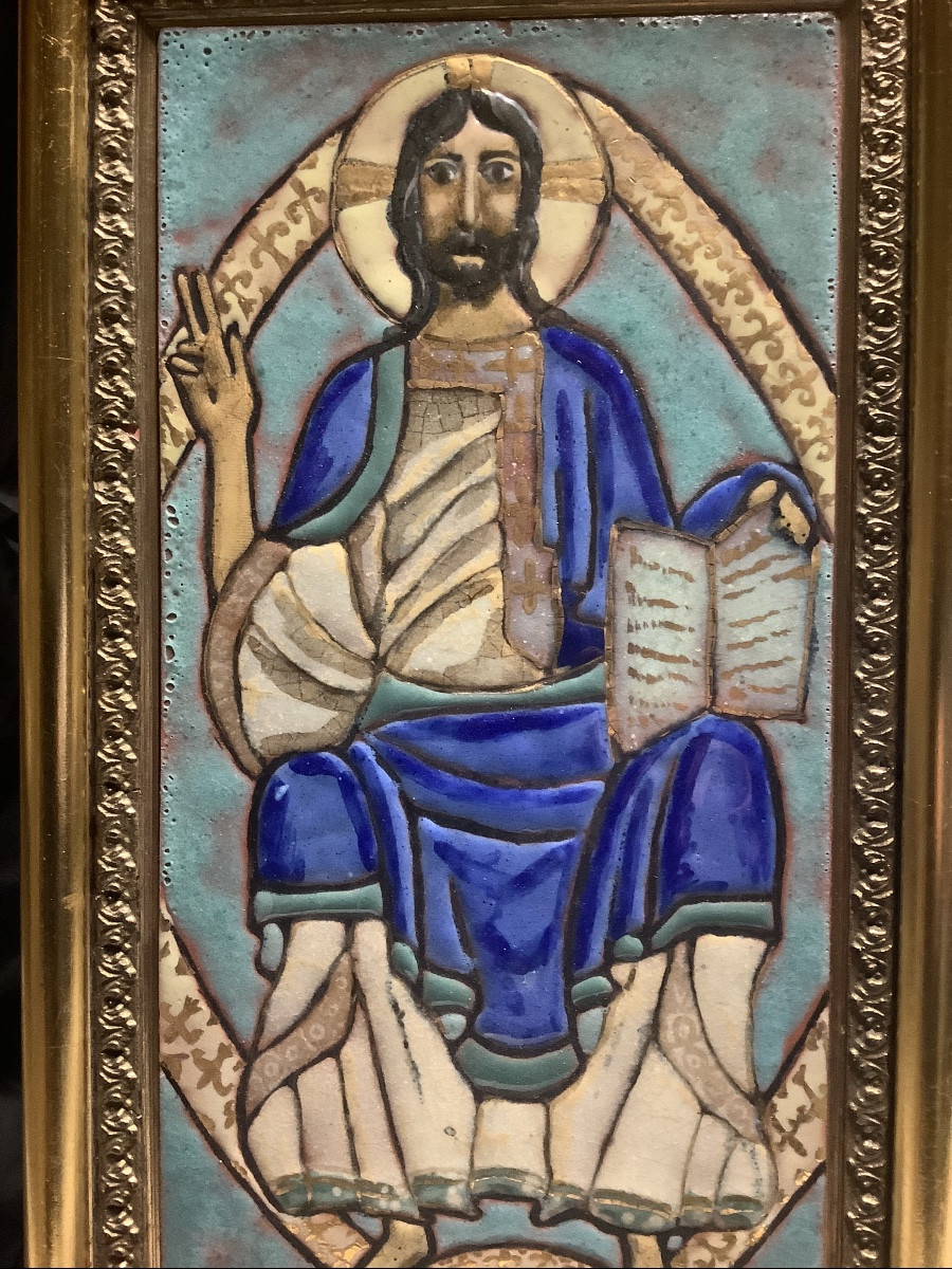 Pair Of Ceramics Painted With En Amen And Gold With Christ And Madonna And Child 20th Century-photo-4
