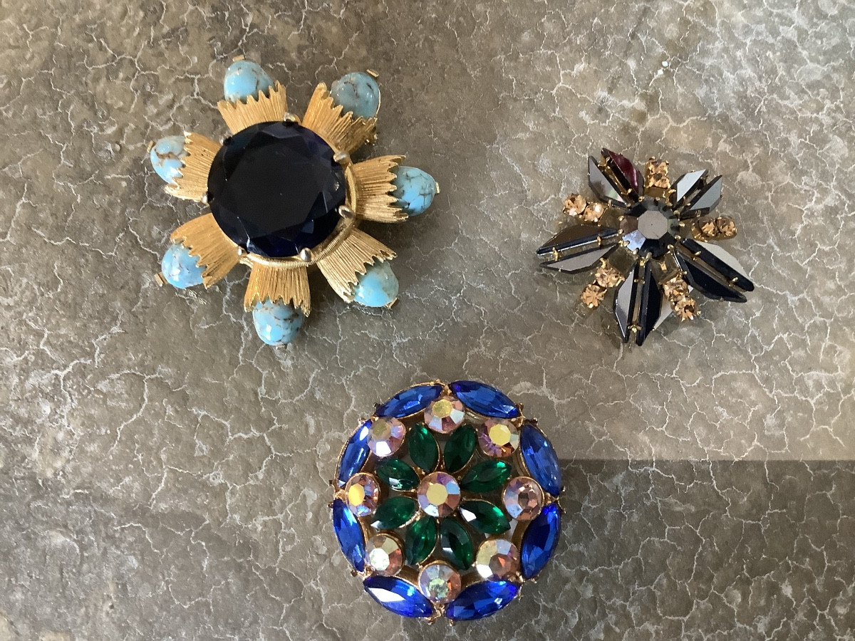 There Gold-platea Metal Pins With Crystals From 1960