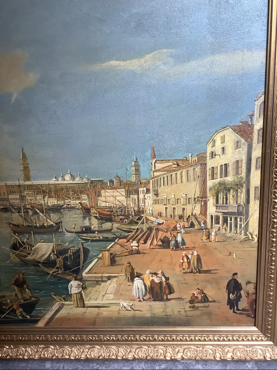 L’arte Oil Painting On Canvas Vide Of The Port Of Venice Signed Preti Early 1900s-photo-2