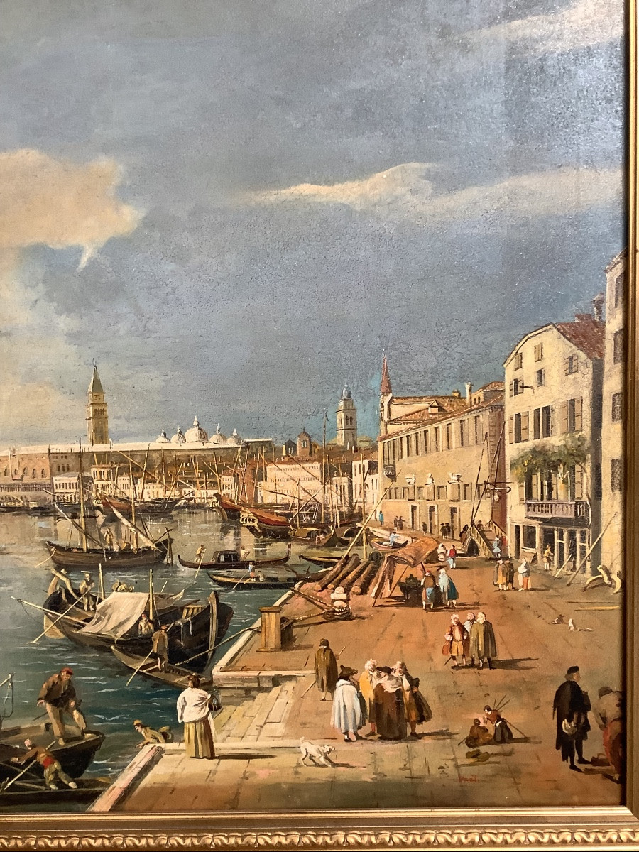 L’arte Oil Painting On Canvas Vide Of The Port Of Venice Signed Preti Early 1900s-photo-1