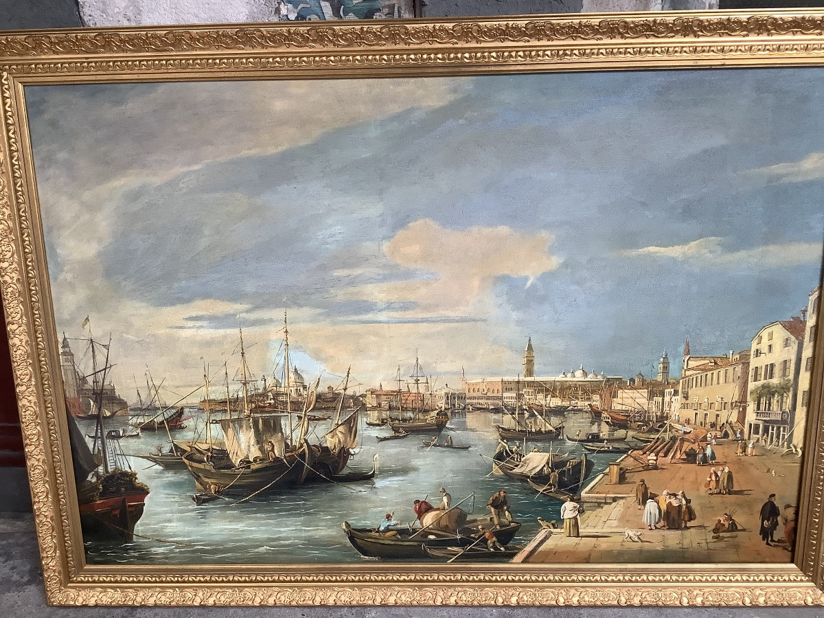 L’arte Oil Painting On Canvas Vide Of The Port Of Venice Signed Preti Early 1900s