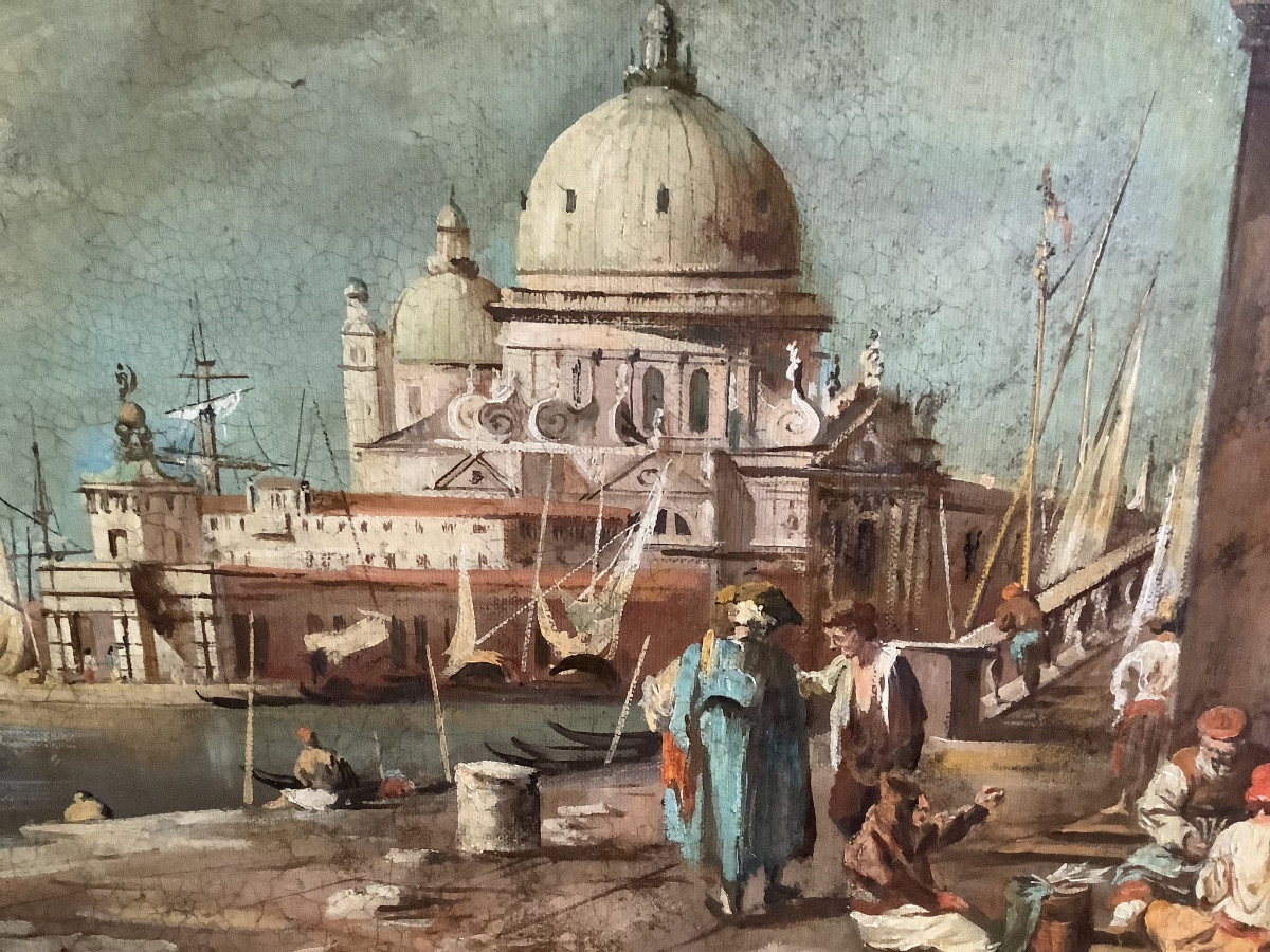 Oil On Canvas View Of Venice With Characters Signed Preti Early 20th Century-photo-3