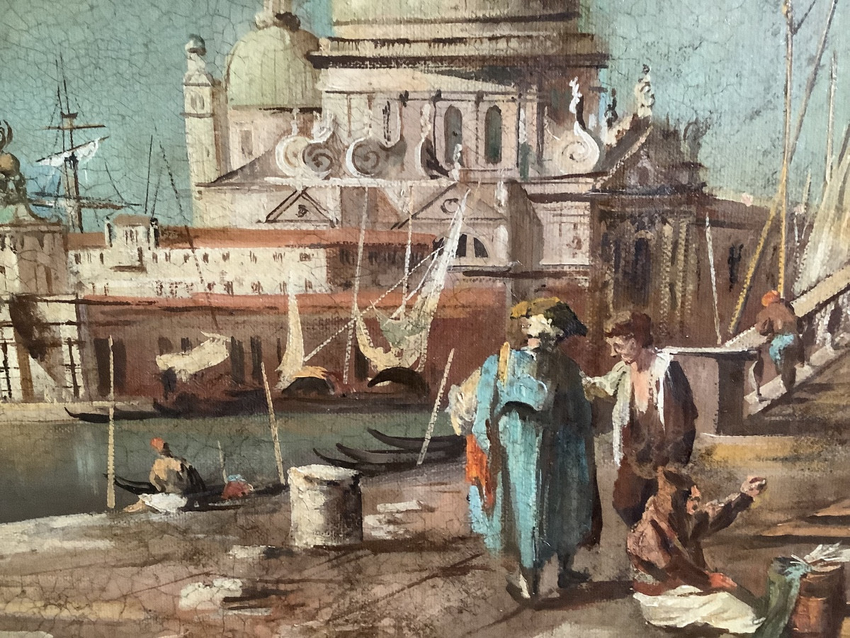 Oil On Canvas View Of Venice With Characters Signed Preti Early 20th Century-photo-4