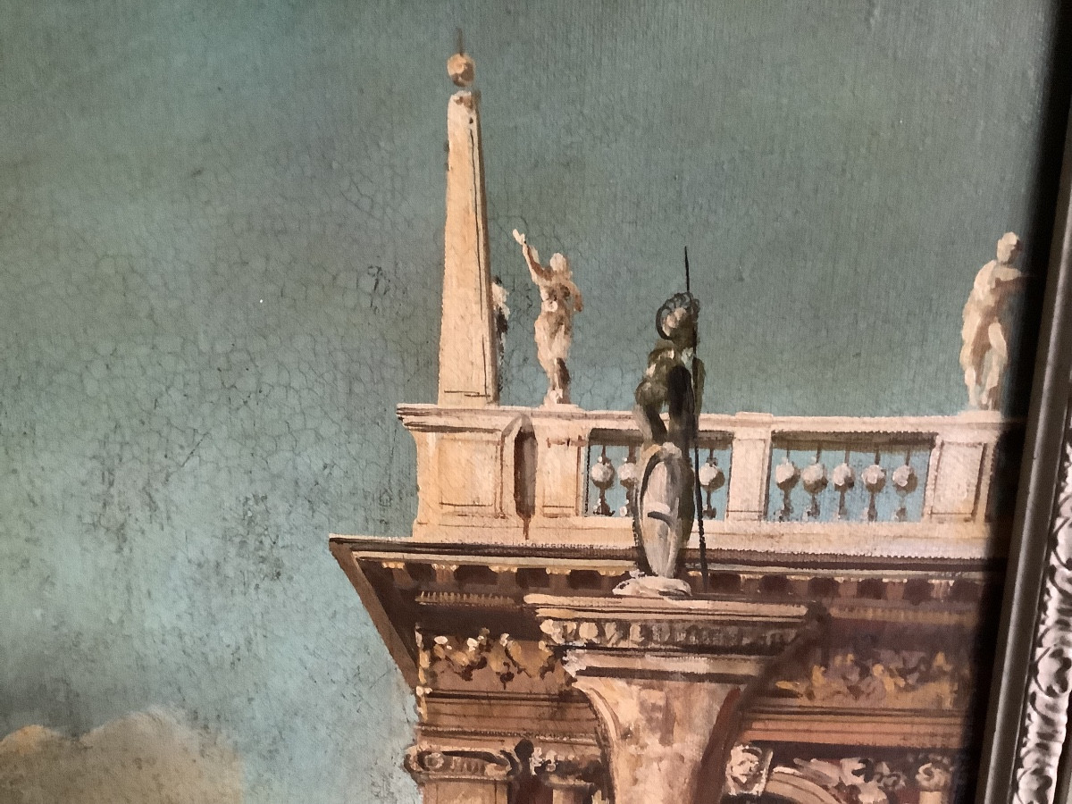 Oil On Canvas View Of Venice With Characters Signed Preti Early 20th Century-photo-1