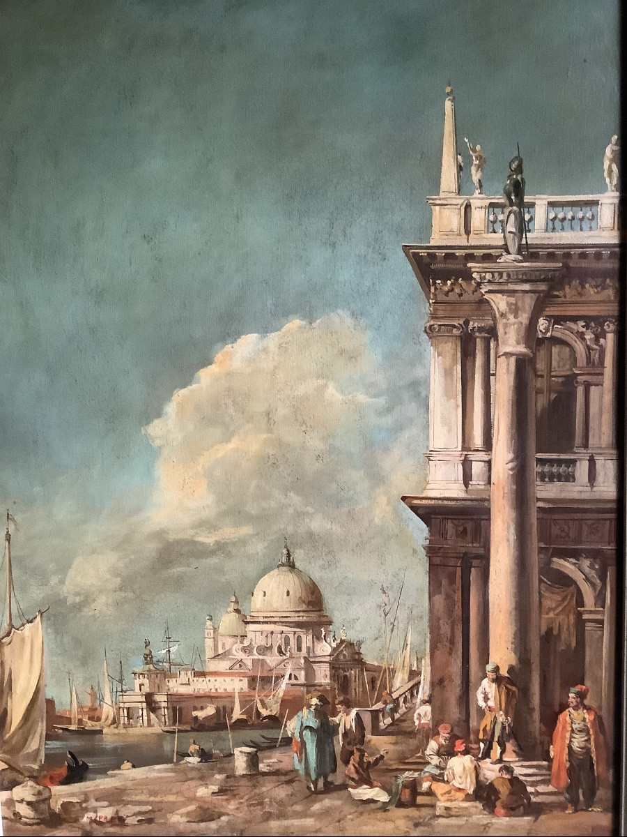 Oil On Canvas View Of Venice With Characters Signed Preti Early 20th Century-photo-3