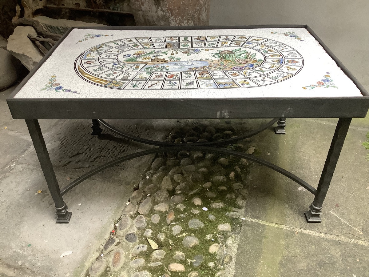 Low Table With Metal Base,painted Ceramic Top With A 20th Century Game Of The Goose-photo-2