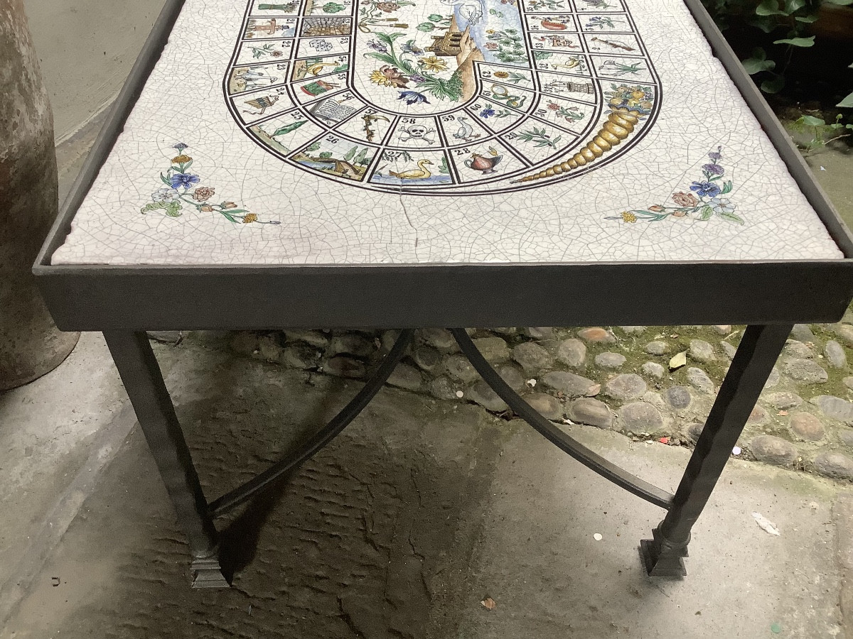 Low Table With Metal Base,painted Ceramic Top With A 20th Century Game Of The Goose-photo-4