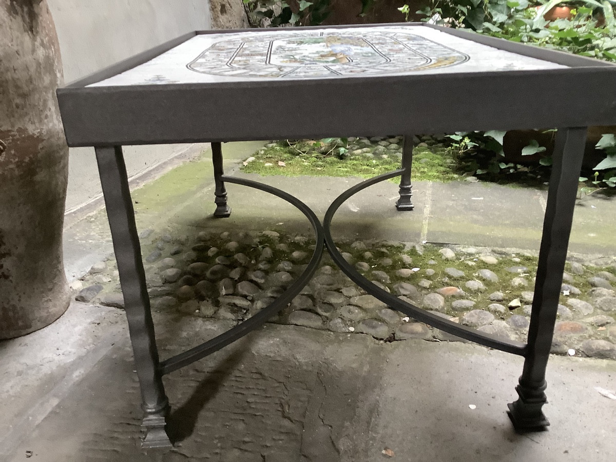 Low Table With Metal Base,painted Ceramic Top With A 20th Century Game Of The Goose-photo-1