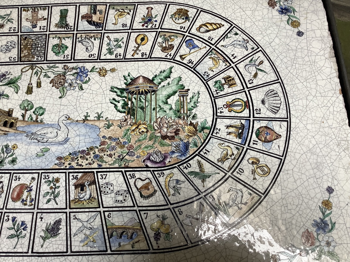 Low Table With Metal Base,painted Ceramic Top With A 20th Century Game Of The Goose-photo-2