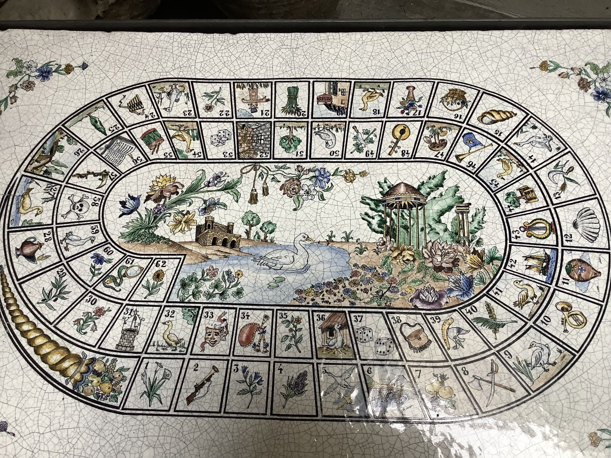 Low Table With Metal Base,painted Ceramic Top With A 20th Century Game Of The Goose-photo-3