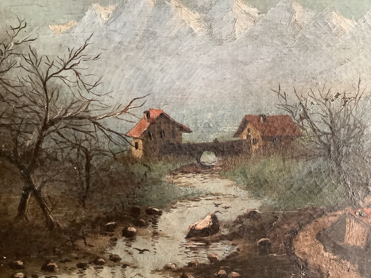 Oil On Canvas, Mountain Landscape, Late 19th Century-photo-4