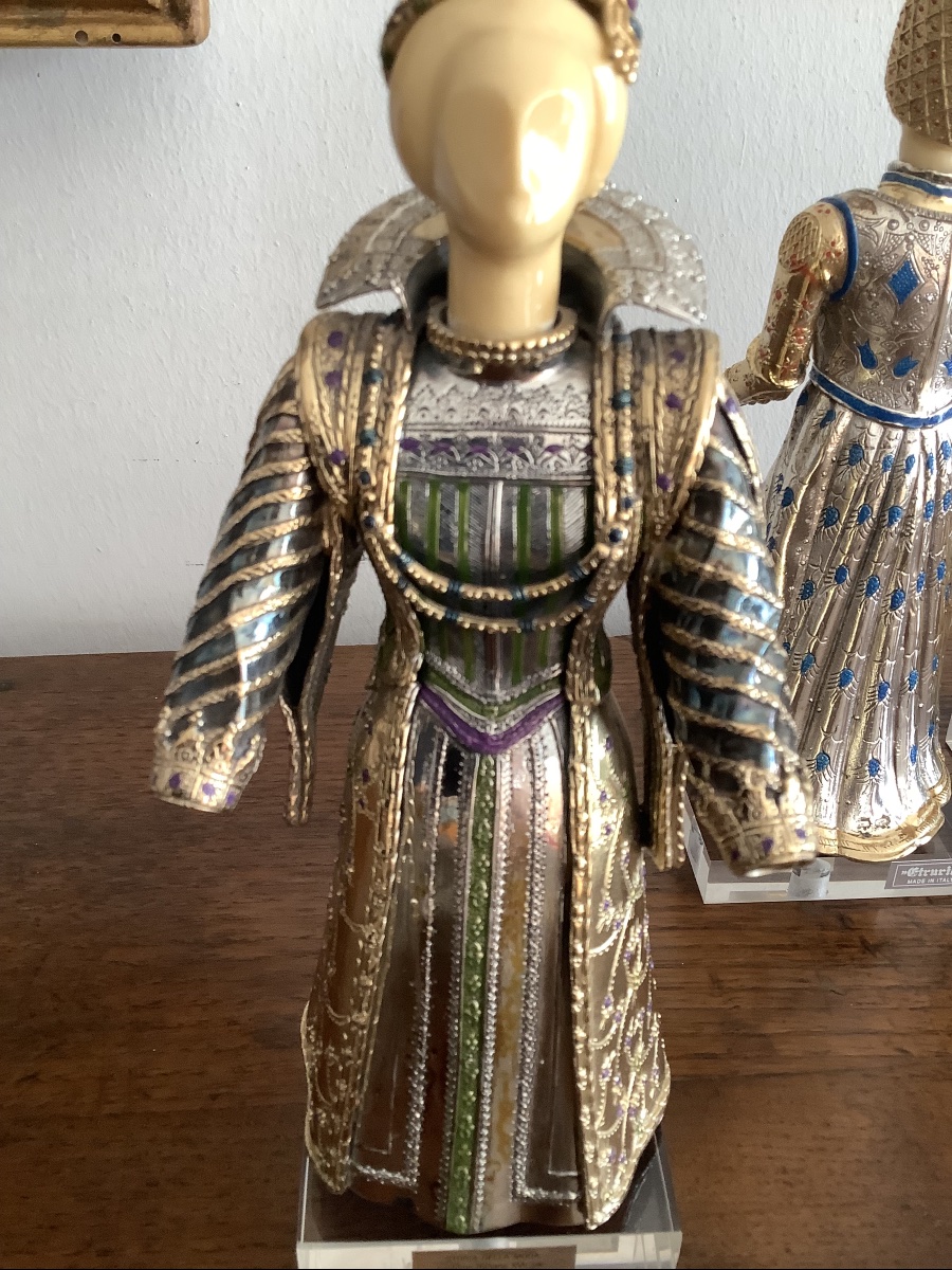 Four Silver And Gold Sculptures Depicting The History Of Ancient Fashion, 20th Century, Italy-photo-3